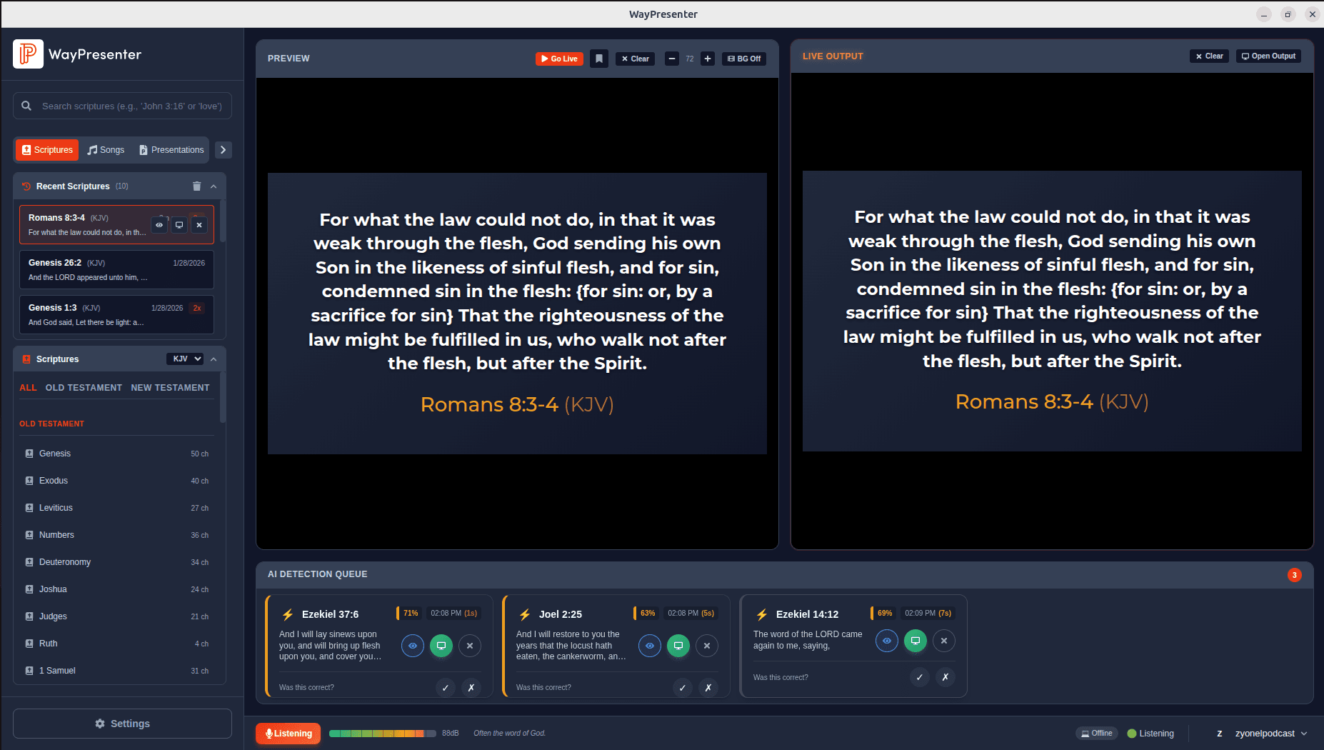 WayPresenter with AI detection queue showing automatically detected scripture references